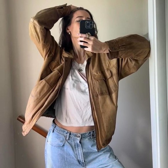 Vintage Y2K brown leather bomber jacket - Picture 10 of 13